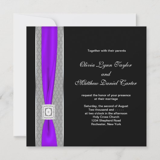 Invitation Mariage Ruban Noir Violet Violet (Devant)