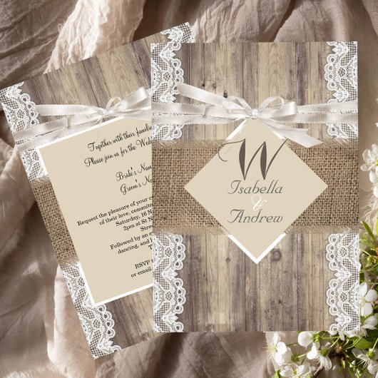 Invitation Mariage Russe Beige Blanc dentelle Bois Burlap 2