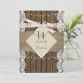 Invitation Mariage Russe Beige Blanc dentelle Bois Burlap 5 (Debout devant)