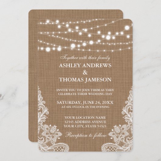 Invitation Mariage Russe Burlap String Lights Lace Card R (Devant / Derrière)