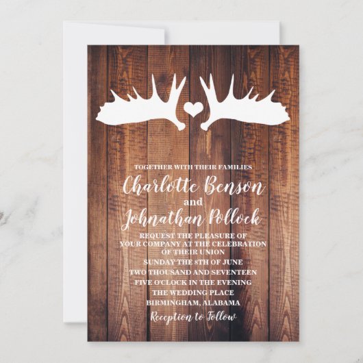 Invitation Mariage Rustic Barn Wood & White Moose Antlers (Devant)