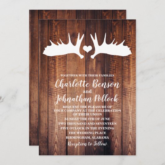 Invitation Mariage Rustic Barn Wood & White Moose Antlers (Devant / Derrière)