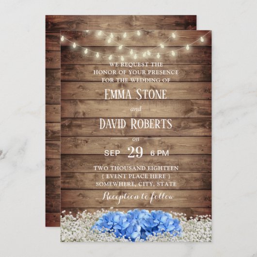 Invitation Mariage Rustic Blue Hydrangea & String Lights (Devant / Derrière)