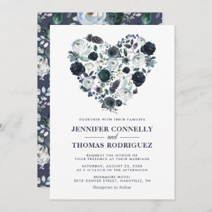 Invitation Mariage Rustic Blue Watercolor Floral Heart