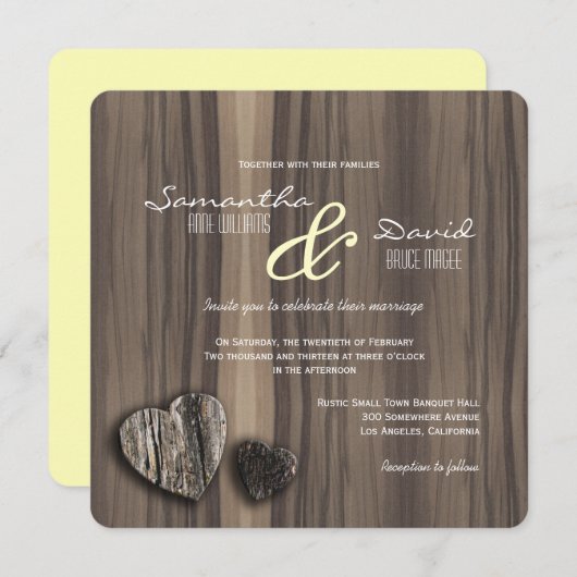 Invitation Mariage Rustic Wood Two Hearts (Devant / Derrière)
