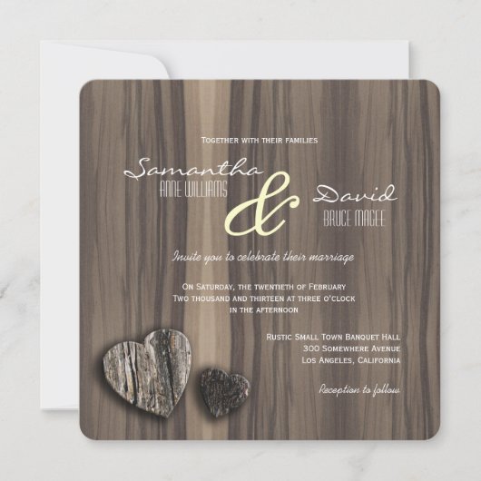 Invitation Mariage Rustic Wood Two Hearts (Devant)