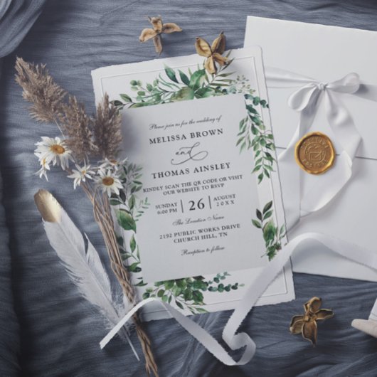 Invitation Mariage rustique à budget avec code QR et verdure