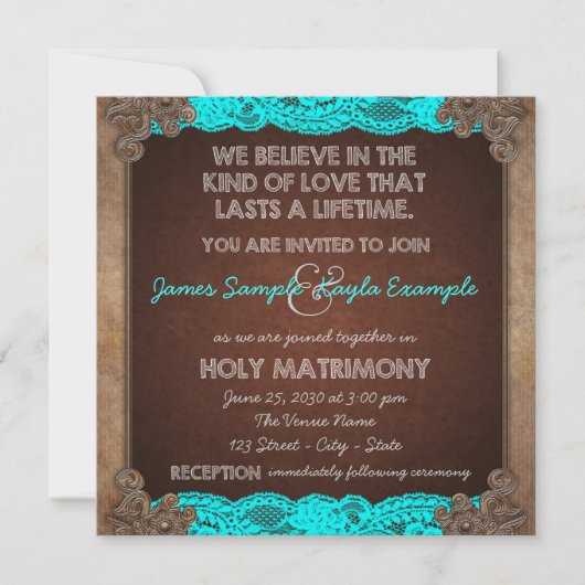 Invitation Mariage rustique à l'ancienne Bleu sarcelle et Mar (Devant)