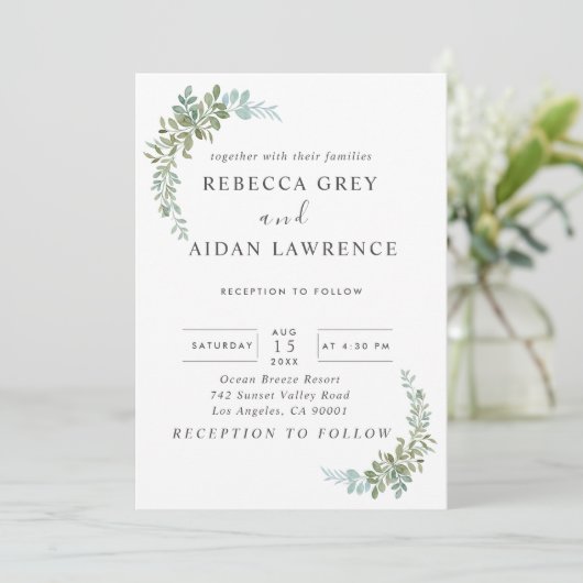 Invitation Mariage rustique à l'aquarelle de eucalyptus vert (Debout devant)