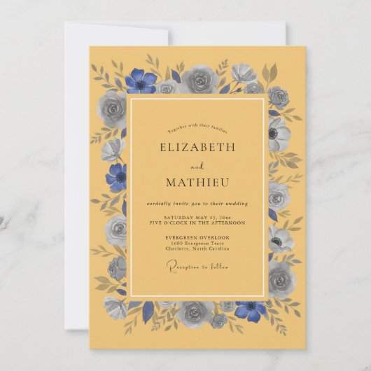 Invitation Mariage Rustique Anémone Bleue Moutarde (Devant)