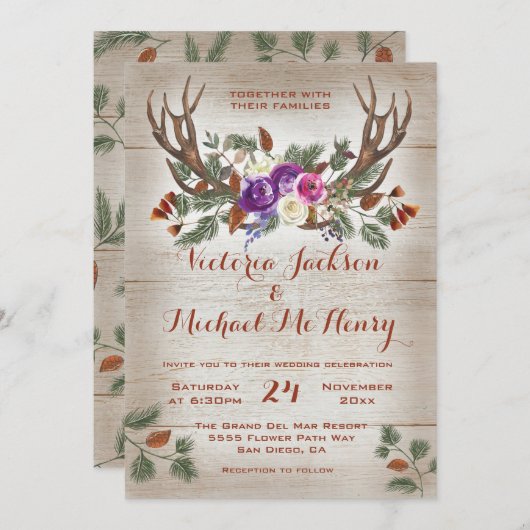 Invitation Mariage Rustique Antlers & Branches de pin (Devant / Derrière)