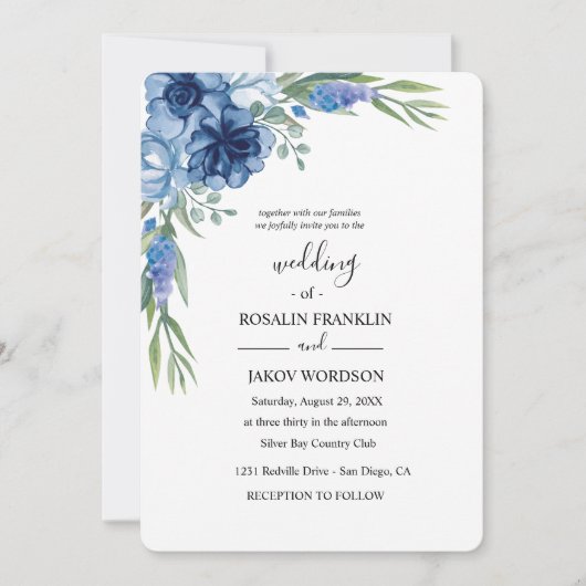 Invitation mariage rustique aquarelle bleue (Devant)