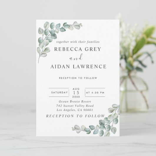 Invitation Mariage Rustique Aquarelle Eucalyptus Verdure (Debout devant)