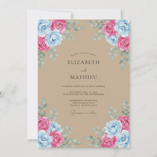 Invitation Mariage rustique aquarelle rose bleu (Devant)
