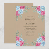 Invitation Mariage rustique aquarelle rose bleu (Devant / Derrière)