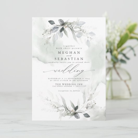 Invitation Mariage Rustique Aquarelle Verdure Vert Dusty (Debout devant)