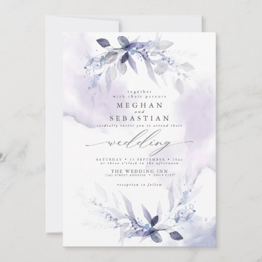 Invitation Mariage Rustique Aquarelle Verdure Violet (Devant)