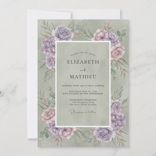 Invitation Mariage rustique aquarelle vert sauge (Devant)