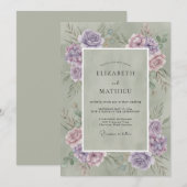 Invitation Mariage rustique aquarelle vert sauge (Devant / Derrière)