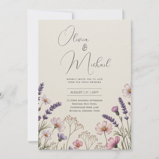 Invitation Mariage rustique au bouquet de fleurs sauvages Lav (Devant)