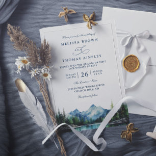 Invitation Mariage rustique au lac de montagne forestier avec