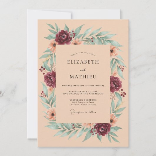 Invitation Mariage Rustique Automnal aux Teintes de Pêche (Devant)