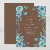 Invitation Mariage rustique aux fleurs bleu poussiéreux (Devant / Derrière)