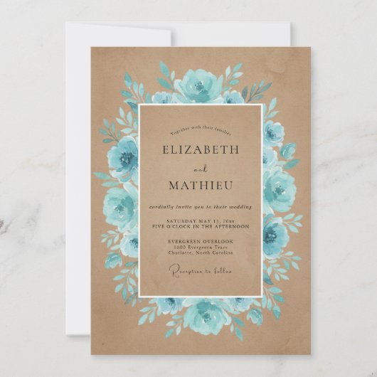 Invitation Mariage rustique aux fleurs bleu-vert (Devant)