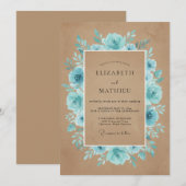 Invitation Mariage rustique aux fleurs bleu-vert (Devant / Derrière)