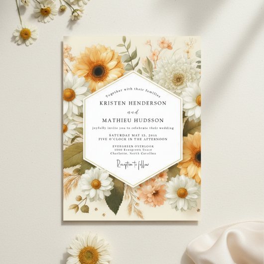 Invitation Mariage rustique aux fleurs ocre
