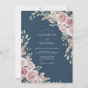 Invitation Mariage rustique aux fleurs rose poussiéreux