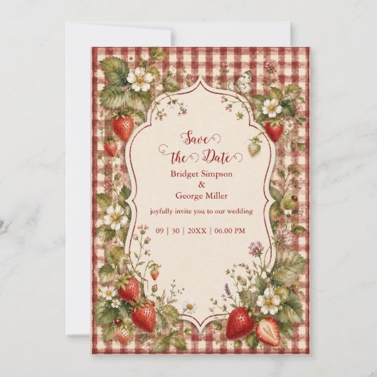 Invitation Mariage rustique aux fraises cottage Gingham Jardi (Devant)