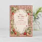 Invitation Mariage rustique aux fraises cottage Gingham Jardi (Debout devant)
