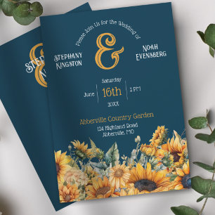 Invitation Mariage Rustique aux Tournesols Bleu Nuit