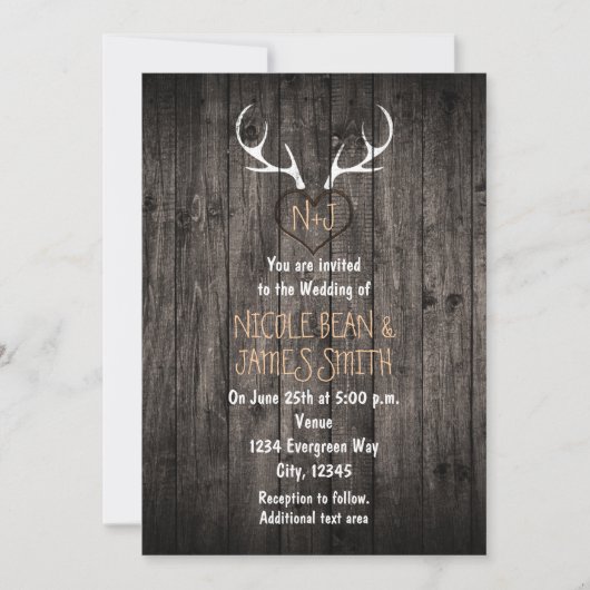 Invitation Mariage Rustique avec Bois de Cerf et Cœur Sculpté (Devant)