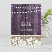 Invitation mariage rustique avec bois, dentelle, lumières à c (Debout devant)