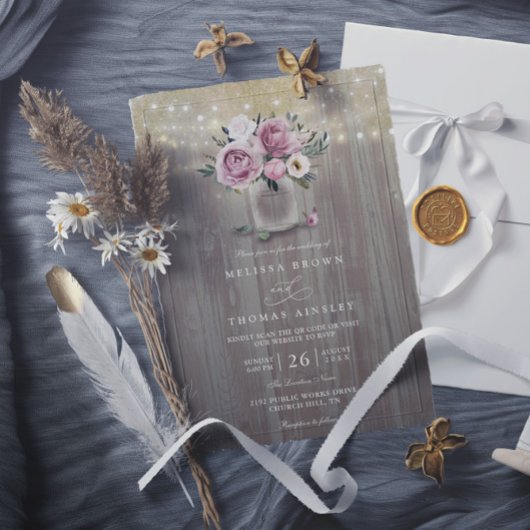 Invitation Mariage Rustique avec Code QR Bocal Mason Fleur Ro