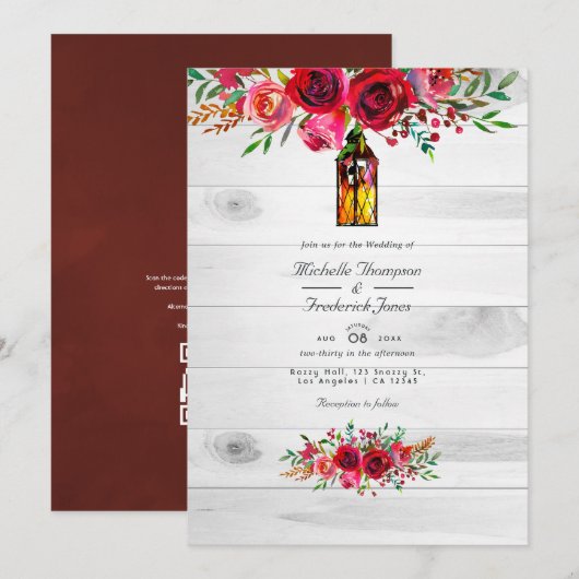 Invitation Mariage rustique avec code QR floral bordeaux et r (Devant / Derrière)