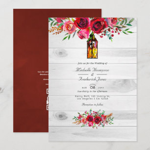 Invitation Mariage rustique avec code QR floral bordeaux et r