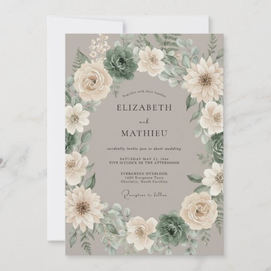 Invitation Mariage rustique avec des succulentes vert sauge (Devant)