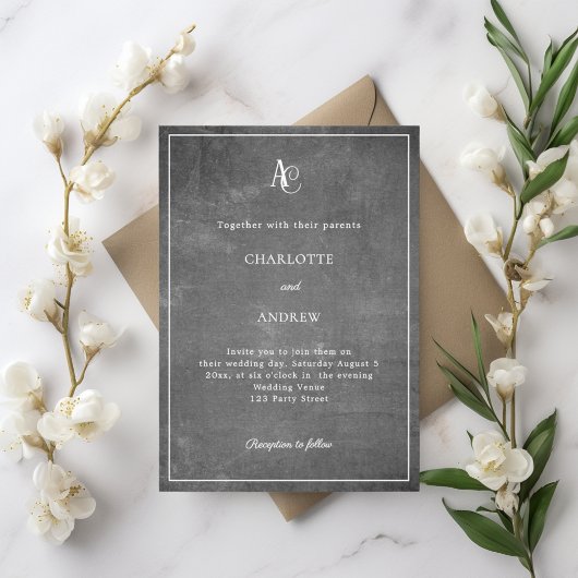 Invitation Mariage rustique avec monogramme moderne gris