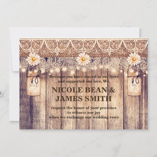 Invitation Mariage Rustique avec Pots Mason Éclairés Daises & (Devant)