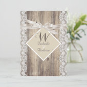 Invitation Mariage rustique Beige Blanc dentelle bois (Debout devant)