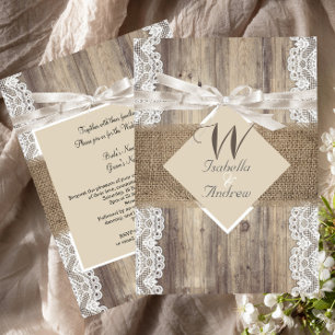 Invitation Mariage Rustique Beige Blanc Dentelle Bois Burlap 