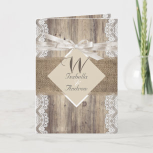 Invitation Mariage Rustique Beige Blanc Dentelle Bois Toile d