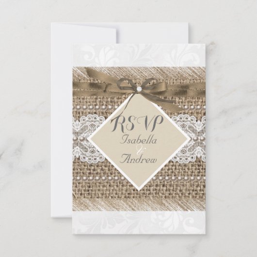 Invitation Mariage rustique Beige dentelle Toile de jute Perl (Devant)