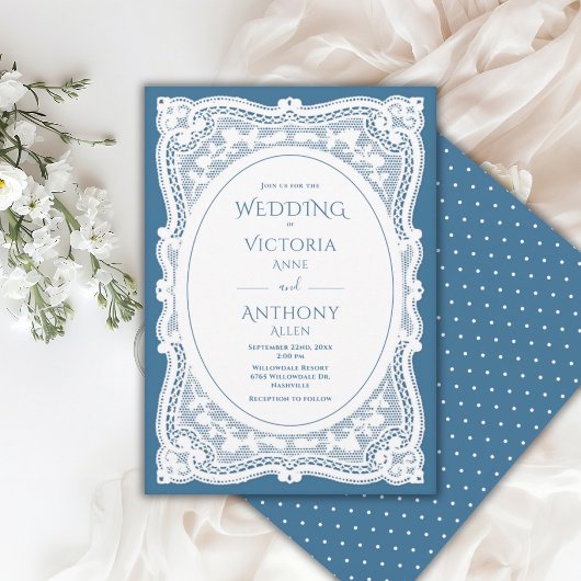 Invitation Mariage rustique blanc vintage et bleu