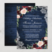 Invitation Mariage rustique Bleu Bois Bourgogne Bleu Floral (Devant / Derrière)