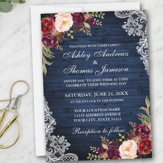 Invitation Mariage Rustique Bleu Bois Bourgogne Dentelle Flor