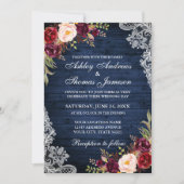 Invitation Mariage Rustique Bleu Bois Bourgogne Dentelle Flor (Devant)